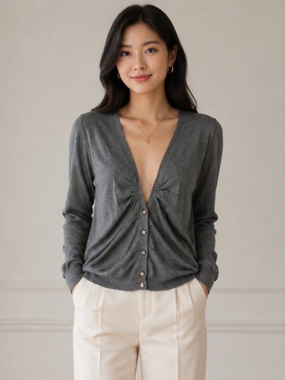 Bisou Bisou Gray Cotton Cardigan V Neck Button Up Size Large